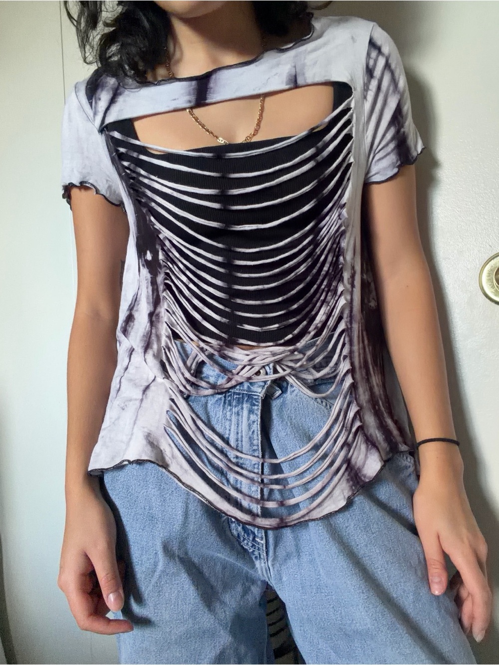 Rainbow Shredded Back Short Sleeve Top - Gray & Black Tie-Dye